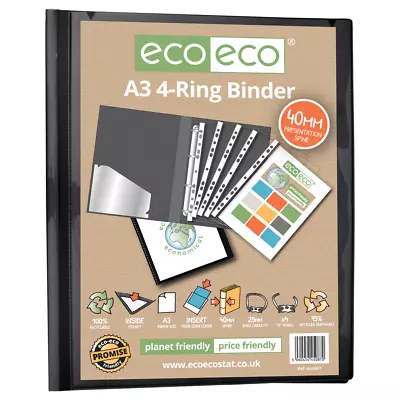 Eco-eco A3 95% Recycled Presentation 4  D  Ring Portrait Binder 40mm Spine • £9.99