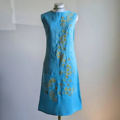 Vintage 60s Bright Blue Floral Beaded Sleeveless Shift Dress Summer Spring M • £65.63