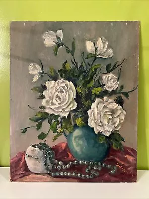 Vintage Original Oil Painting Still Life Flowers Vase Beads Signed Board 16x20” • $75