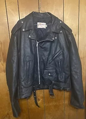 Vintage 60s 70s Excelled USA Made Black Leather Motorcycle Biker Jacket 54 Tall • $70