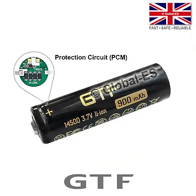 GTF 14500 Protected Li-Ion Rechargeable Button Top Battery - 3.7V 900mAh • £7.99