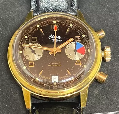 Vintage EDMA Super Chronograph 17J Black Dial MONTRE 36mm Excellent Condition • $323