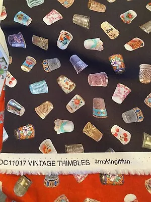 Michael Miller Vintage Sewing Stash Thimbles Cotton Fabric By The 1/2 Yd • $6.50