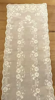 ~ Antique Chiffon Roses Floral Lace Runner Sheer Dresser Scarf Soft Ivory ~ • $10.99