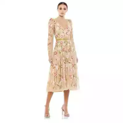NWT $525 Mac Duggal Long Sleeve Floral Beaded Midi Dress Size 6 Spring Wedding • $248