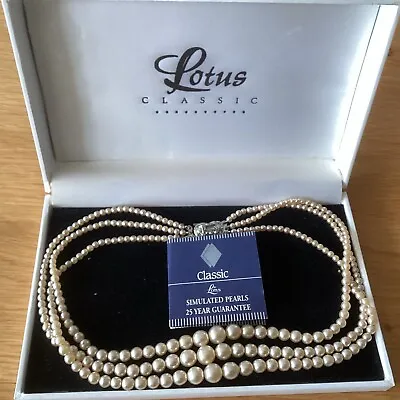 Vintage Lotus Simulated Three Strand 16 Inch Pearl Necklace In Presentation Case • £17.99