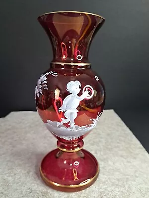  Vintage Bohemian Mary Gregory Glass Vase - White Enamel On Cranberry 8  Tall • $29.99