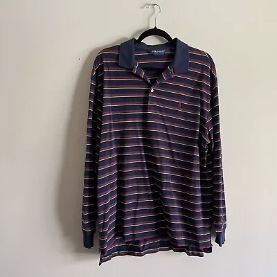 Ralph Lauren Polo Golf Mens Sz XL Navy Blue Striped Long Sleeve Piqué Polo Shirt • $24.64