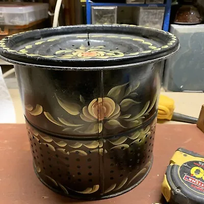 Vintage Fisherman’s Tin Catch Pot Hand  Painted Floral Tole Design W/ Hinged Lid • $121