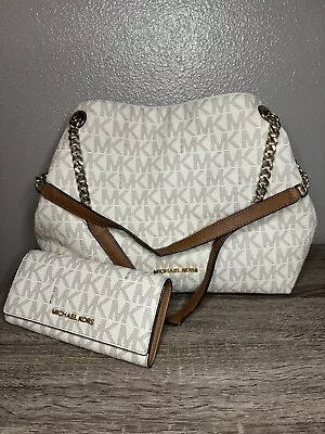 Michael Kors Jet Set Work Tote Signature Monogram Bag And Wallet Ivory • $110