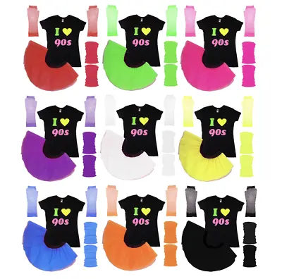 90s Neon Tutu Skirt Tshirt Gloves Legwarmers Set 90 Fancy Dress Costume Festival • £19.93