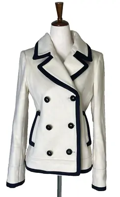 J Crew Nello Gori Wool Peacoat Cream Navy Tipped Double Breasted Womens Size 4 • $46.65