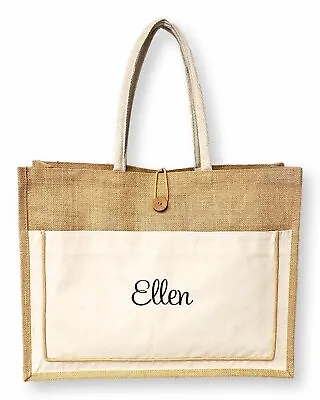 Personalized Tote Bag Embroidered Name Vintage Style Jute Cotton Pocket • $21.95