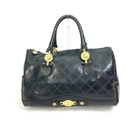 VERSACE Vintage Sunburst Mini Duffle Bag Hand Bag Leather Black/Gold JAPAN • $188