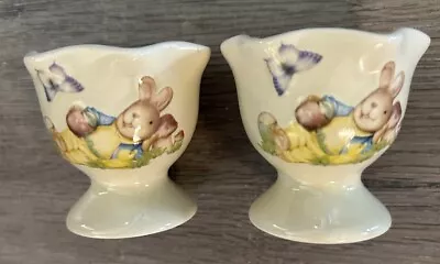 2 Vintage Easter Ceramic Egg Cups Brown Bunny Butterfly Scalloped Rim Excellent • $16.99