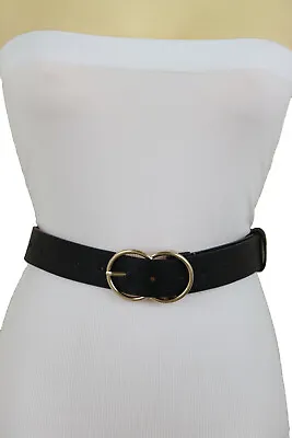 Women Black Tie Outfit Accessory Faux Leather Belt Hip Waist Hot Gold Buckle S M • £33.07