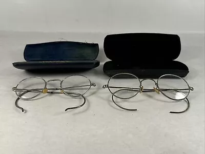 2 Antique Wire Round Eyeglasses Spectacles W/ Cases • $29.99