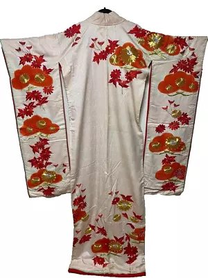 Vintage Japanese Kimono Uchikake Gorgeous Wedding Fliying Gold Cranes (u77) • $150