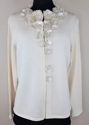 New Nwt $3300 Zang Toi Saks 5th Avenue Ivory Cardigan Sweater 3d Floral Sequin • $1100