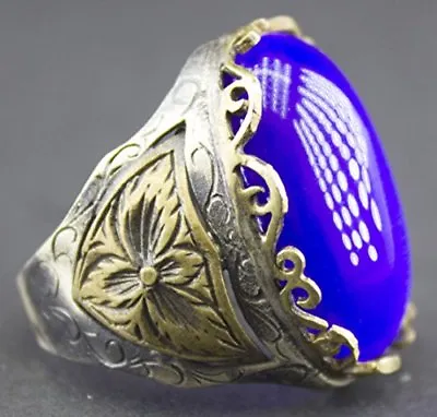 Sterling Silver Unisex Ring Handmade Cats Eye Blue Natural Gemstone Byzantine  • $151.05