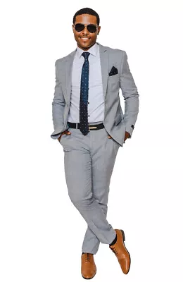 Slim Fit Silver Windowpane Plaid 2 Button Mens Suit Notch Lapel 16308  AZARMAN  • $99