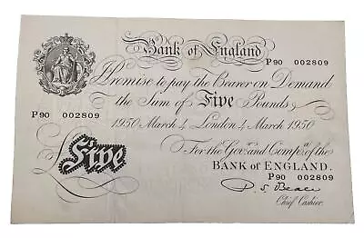Bank Of England 4th March 1950 Five 5£ Pound Banknote Beale  P90 002809  Bill • $149.99