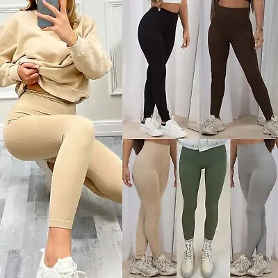 Womens High Waist Thick Seamless Ribbed Stretchy Leggings Ladies Jogging Bottoms • £11.99