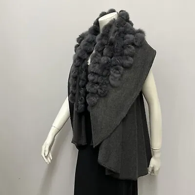 Neiman Marcus Sweater Open Vest Heather Gray Real Dyed Rabbit Fur Collar S/M • $49.02