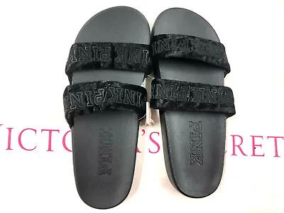 Victoria's Secret Pink Double Straps Logo Black Velvet Slides Sandals NWT • $29.99