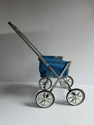 Vtg Antique 22” Baby Doll Buggy Stroller Pram Collapsible Toy Blue FOR DECOR • $19.96