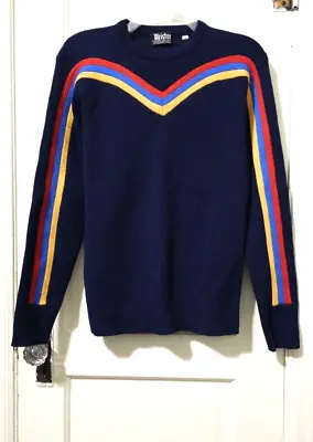 NEW VTG Mens Meister Medium 100% WOOL Ski Sweater Navy Blue Red Yellow Striped • $99.99