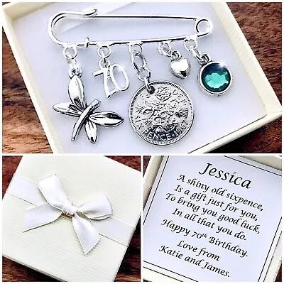 £5.99 • Buy LUCKY SIXPENCE Charm WITH BIRTHSTONE, 70th BIRTHDAY, PERSONALISED Gift Box