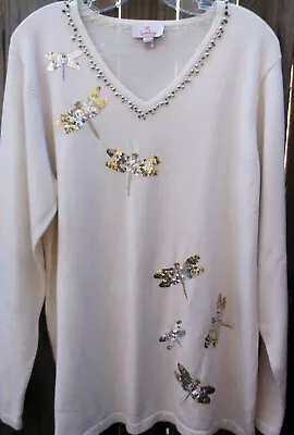 NWOT 🦋💎💥 QUACKER FACTORY💥💎🦋 LS Dragonfly Ivory Top Tunic Sequins Beads  L • $15.80