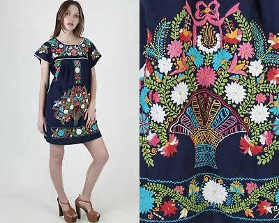 Vtg Embroidered Mexican Dress Bright Floral Traditional Fiesta Navy Cotton Mini • $45