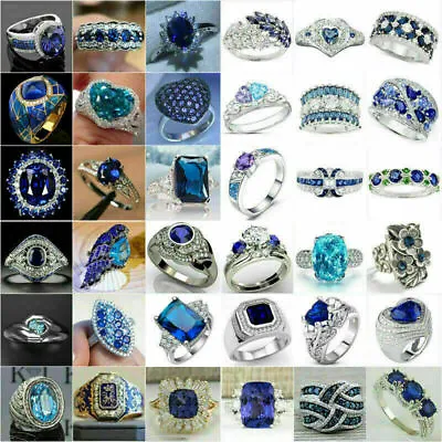 £3.14 • Buy Elegant Women Jewelry 925 Silver Rings Blue Sapphire Wedding Party Ring Size6-10