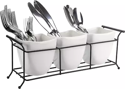 Bekith 3-Piece Ceramic Flatware Caddy With Metal Rack Utensil Holder Silverwar • $32.29