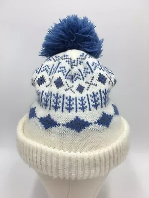 Vintage WIGWAM 100% Acrylic Blue / White Pom Pom Winter Hat Beanie (Made In USA) • $29.95