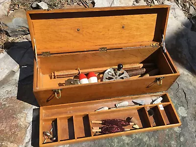 Vintage Wooden Fishing Tackle Box Many Extras 2 Reels Lures Hook More LOOK! • $265