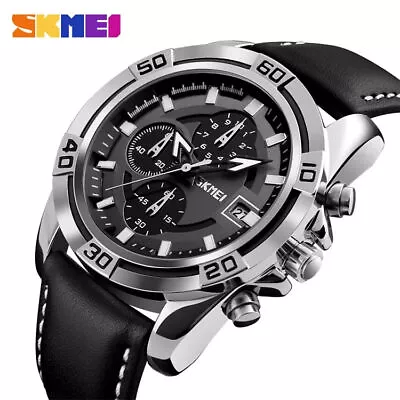 Chronograph Design Mens Quartz Analogue Date Genuine Leather Band Wrist Watch • £21.99