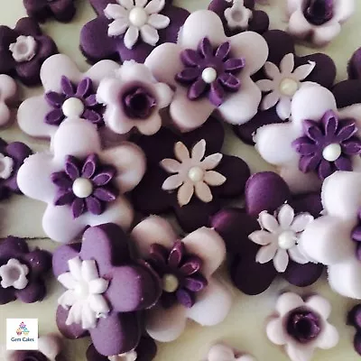 32 Edible PURPLE  & Lilac FLOWERS Fondant Sugar Cake Cupcake Toppers Decorations • £6.99