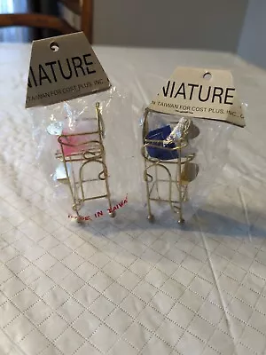 Miniature Vintage Brass Dollhouse High Chairs W/ Seat Covers Cost Plus Inc New • $16