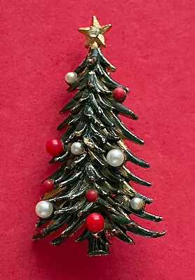 Roma Christmas Tree Pin Brooch Pearl Lucite Enamel Signed Book Piece Vintage Mcm • $38