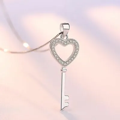 Women Crystal Heart Key Pendant Chain Necklace 925 Sterling Silver Jewellery UK • £3.99