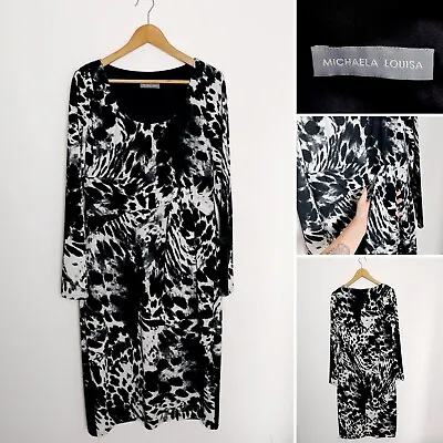Michaela Louisa Black White & Grey Draped Sash Knee-length Dress Size UK 16 • £35