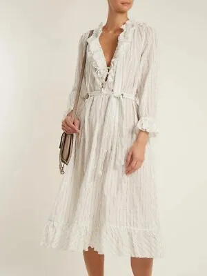 ZIMMERMANN Size 1 Pinstripe Corsair Midi White Ruffle Dress Designer Boho • $290