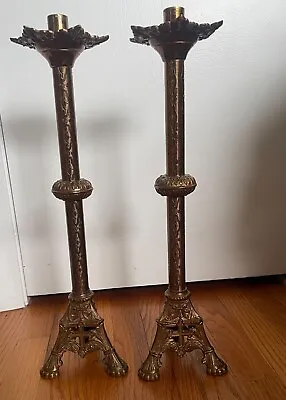 Antique Pair Of Brass Candle Holders Church Altar Gothic Cross 19  • $350