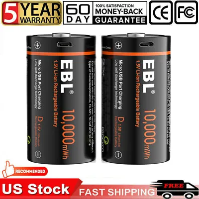 EBL Lot USB D Size Cell Lithium Rechargeable Batteries 10000mWh & Charing Cable • $25.99