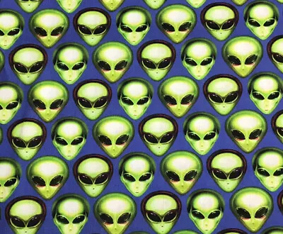 Alien  Sci Fi  1/2YD UFO Roswell Space Man Moon Area 51 Neon Green Blue Cotton • $13.59