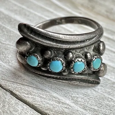 Vintage Sterling Silver 925 Snake Eye Turquoise Saw Tooth Bezel Set Ring Sz 5.5 • $39