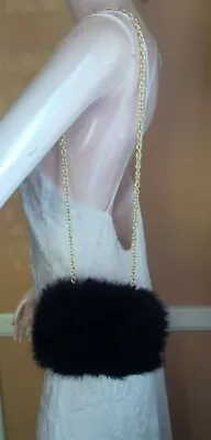 $48 • Buy ZARA WOMAN Black Faux Fur Clutch Shoulder Bag With Gold Chain Strap
